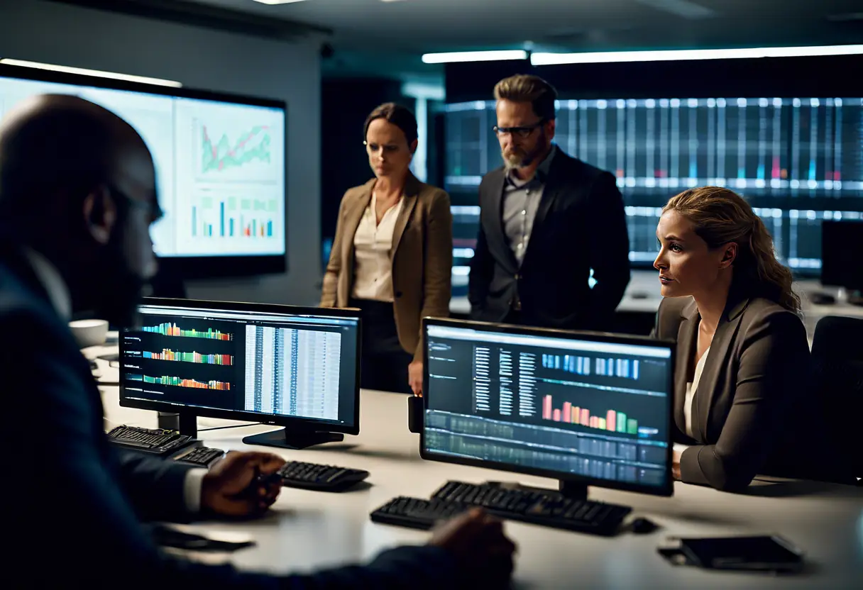 A diverse team of professionals analyzing supply chain data on multiple screens in a modern office.