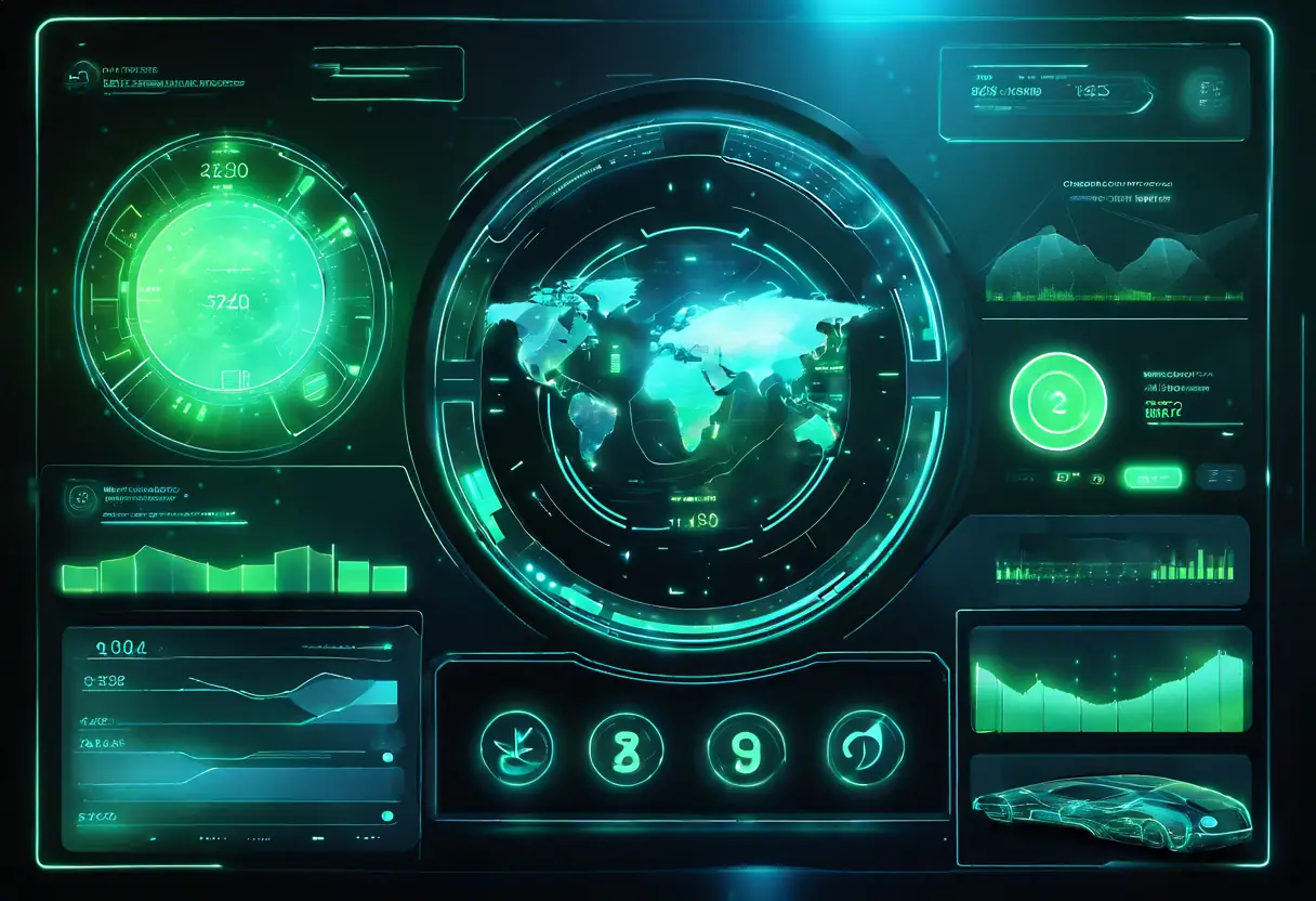 A futuristic AI interface displaying real-time data insights on a digital dashboard.
