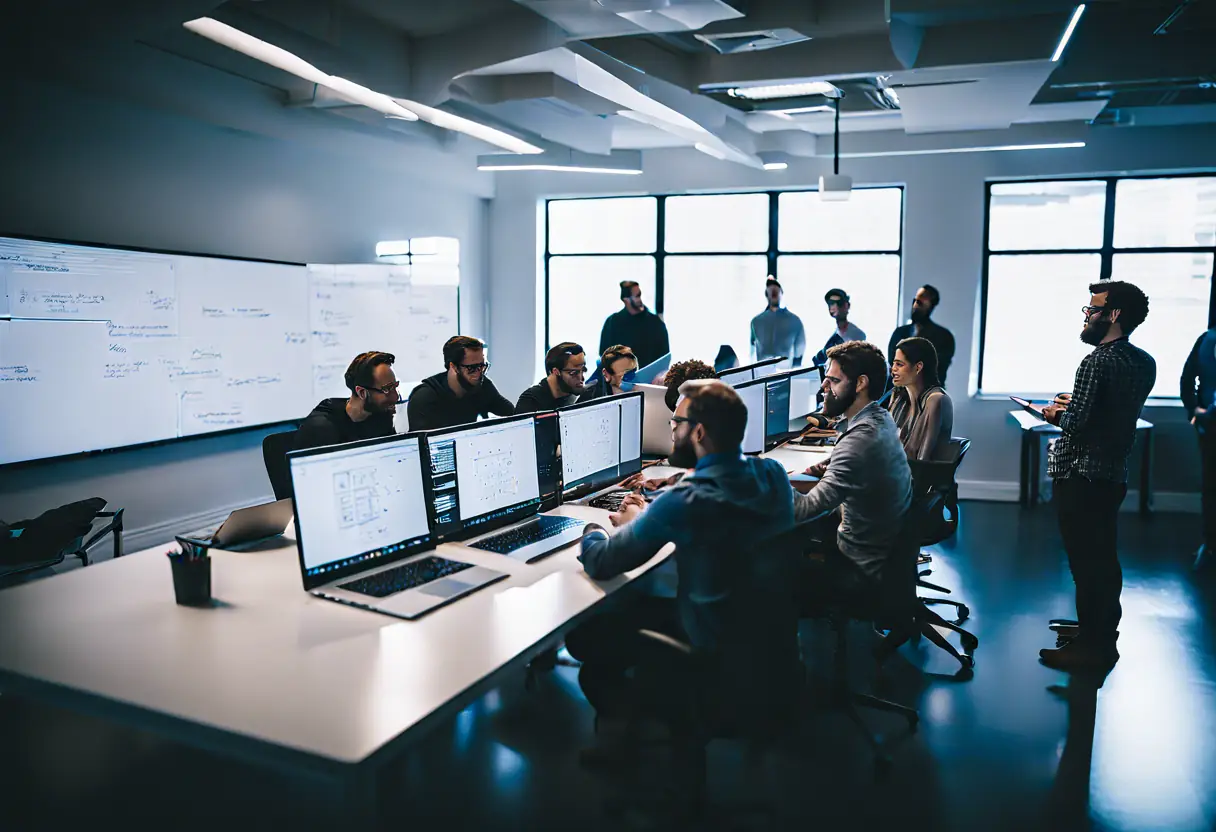 A developer team collaborating in a bright workspace, discussing software solutions.